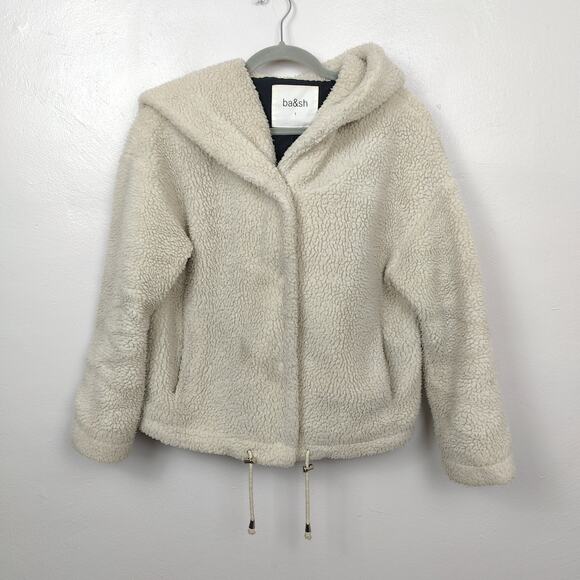 ba&sh Sherpa Jacket Womens 1 Small Jojo Lady Coat Beige Full Zip Teddy Hooded - Picture 1 of 8